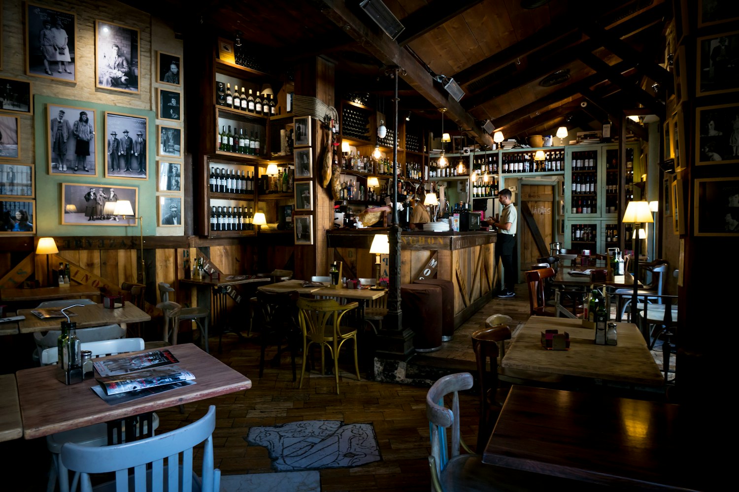 The warm wood taproom at 28 Songs